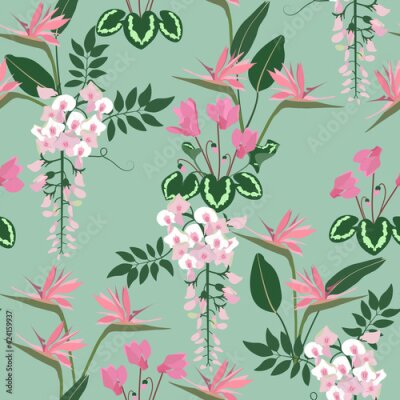 Papier peint  Strelitzia, wisteria and cyclamen on a green seamless background. Vector illustration.