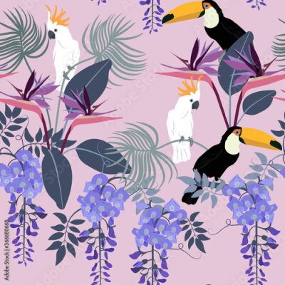 Papier peint  Strelitzia, wisteria and tropical beautiful birds on a pink seamless background.