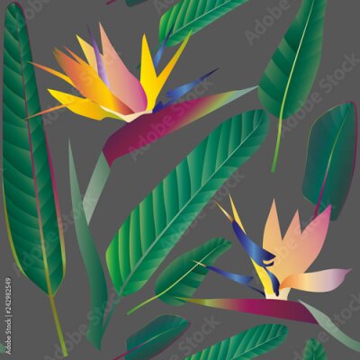 Papier peint  Strelitzia with leaves on a gray background. Seamless pattern.Tr