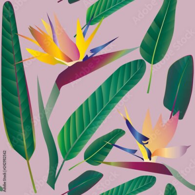 Papier peint  Strelitzia with leaves on a pink background. Seamless pattern.Tr