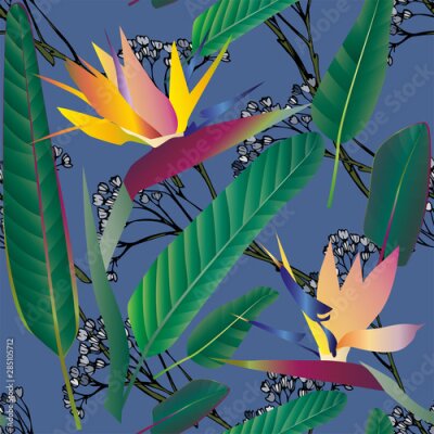 Papier peint  Strelitzia with leaves on a white background. Seamless pattern.Tropical flowers. Vector illustration, objects with transparency. Invitation, card.