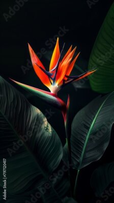 Papier peint  striking orange strelitzia flowers with lush leaves in moody light