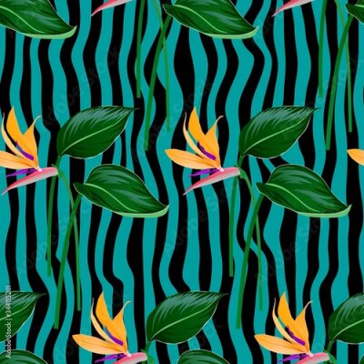 Papier peint  STRIPED BACKGROUND WITH ORANGE FLOWERS AND STRELITZIA LEAVES