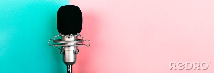 Papier peint  studio microphone on a blue pink background, panoramic mock-up with space for text