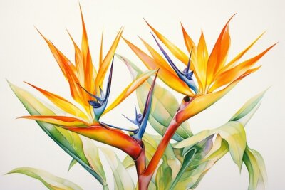 Papier peint  Stunning watercolor painting of vibrant strelitzia flowers, also known as bird of paradise, set against a white background. Generative AI