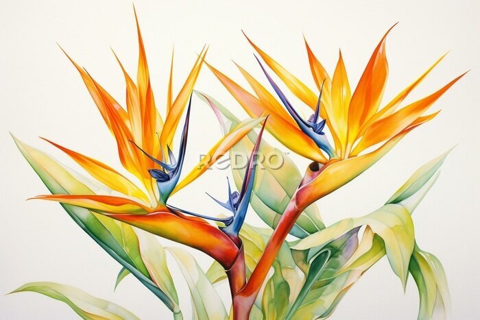 Papier peint  Stunning watercolor painting of vibrant strelitzia flowers, also known as bird of paradise, set against a white background. Generative AI
