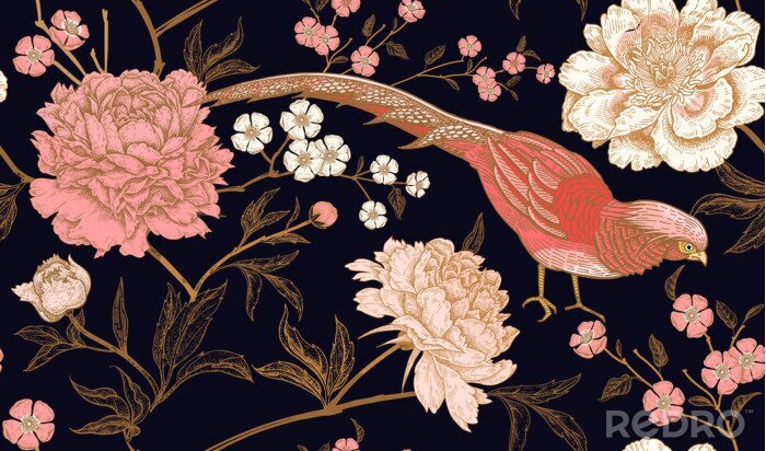 Papier peint  Style oriental japonais avec oiseaux et fleurs