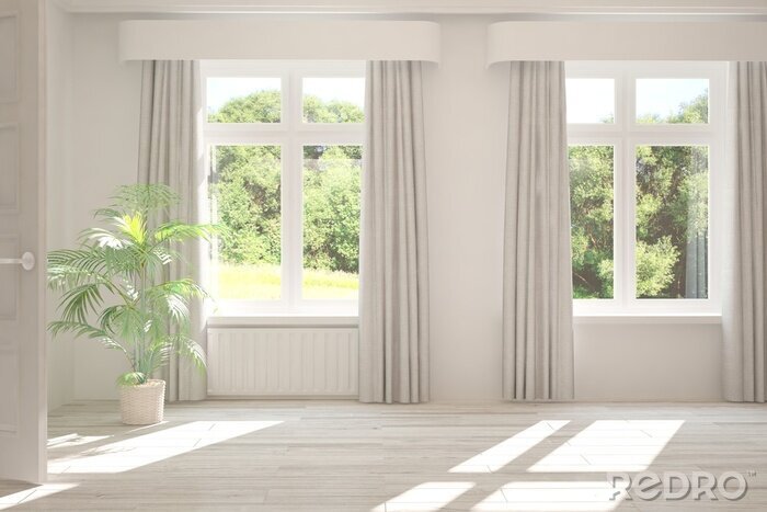 Papier peint  Stylish empty room in white color with summer landscape in window. Scandinavian interior design. 3D illustration