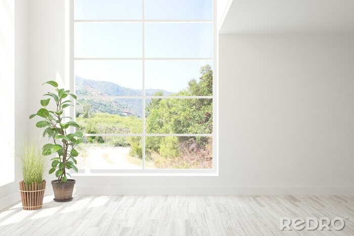 Papier peint  Stylish empty room in white color with summer landscape in window. Scandinavian interior design. 3D illustration