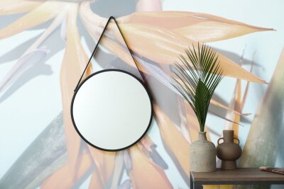 Papier peint  Stylish interior of room with mirror and beautiful strelitzia flowers on wall