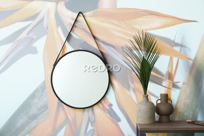Papier peint  Stylish interior of room with mirror and beautiful strelitzia flowers on wall