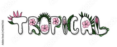 Papier peint  Stylized handwritten inscription decorated with strelitzia and hibiscus flowers, tropical palm leaves, monstera. Summer. Tropics. Bright vector illustration.