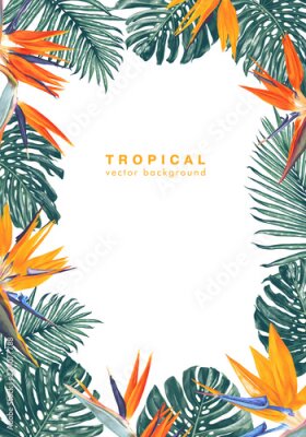 Papier peint  Summer background with a frame formed from the leaves and flowers of a tropical plant Strelitzia Reginae with place for your text. Can be used as greeting, invitation card, sale banner, advertisement.