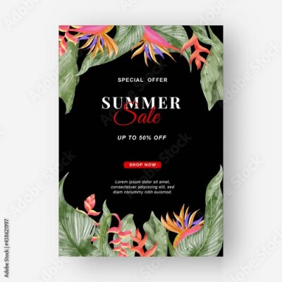 Papier peint  Summer banner tropical background with strelitzia flowers and tropical leaves