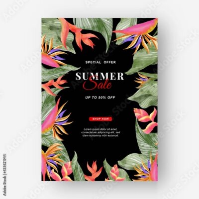 Papier peint  Summer banner tropical background with strelitzia flowers and tropical leaves