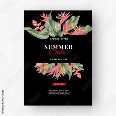 Papier peint  Summer banner tropical background with strelitzia flowers and tropical leaves