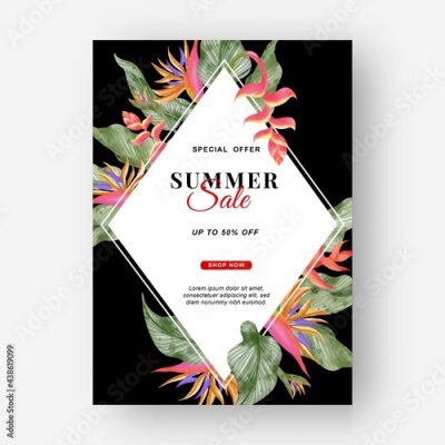 Papier peint  Summer banner tropical background with strelitzia flowers and tropical leaves