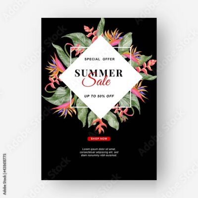 Papier peint  Summer banner tropical background with strelitzia flowers and tropical leaves