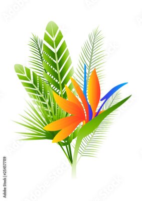 Papier peint  Summer bouquete with strelitzia and tropical leaves