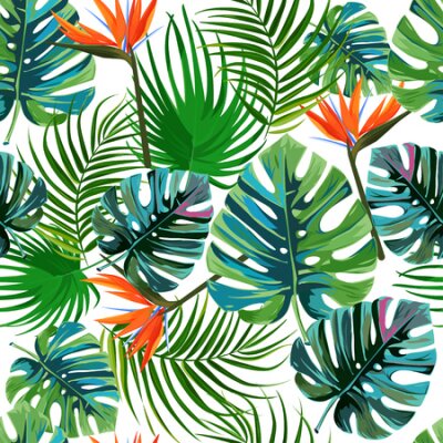 Papier peint  Summer exotic seamless pattern. Tropical dark green leaves of palm trees and flowers bird of paradise strelitzia .