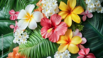 Papier peint  Summer holidays banner of tropical palm leaf and hawaiian flower. Exotic floral bouquet of hibiscus, plumeria, orchid and strelitzia flower, fern, monstera, fan and areca palm for invitation design