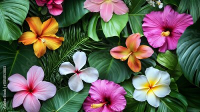 Papier peint  Summer holidays banner of tropical palm leaf and hawaiian flower. Exotic floral bouquet of hibiscus, plumeria, orchid and strelitzia flower, fern, monstera, fan and areca palm for invitation design