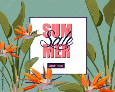 Papier peint  Summer sale banner tropical green strelitzia flowers and leaves background, exotic floral design for banner, flyer, invitation, poster, web site or greeting card. Paper cut style.