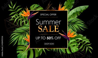 Papier peint  Summer sale banner, tropical invitation card background with strelitzia flowers, palm leaves on black backdrop. Vector illustration