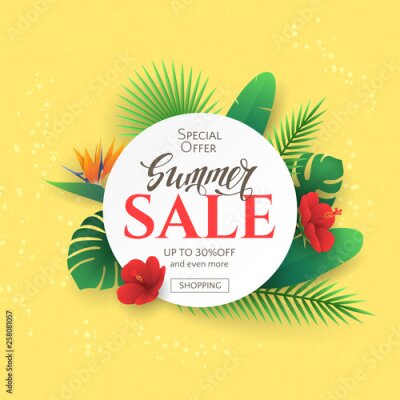 Papier peint  Summer sale banner with tropical palm leaves and paper cut flowers on yellow background. Vector flyers with origami exotic floral decor (monstera, hibiscus, strelitzia, banana leaf) and place for text