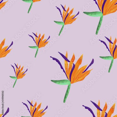 Papier peint  summer seamless pattern with orange strelitzia on lilac background. Tropical floral print. packaging, wallpaper, textile design. 