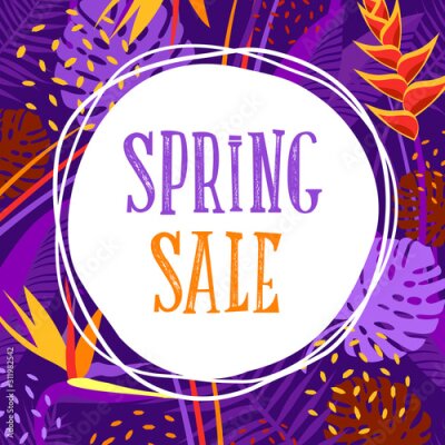 Papier peint  Summer, spring sale vector banner with tropical flowers on background with copy space. Square card templates for greeting, cover, advertisement. Strelitzia, bird of paradise, and palm.