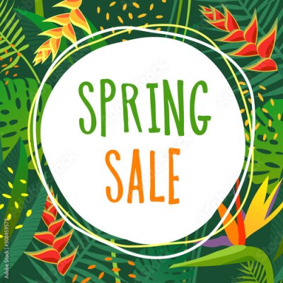 Papier peint  Summer, spring season sale vector banner with tropical flowers on background with tropical flowers. Square card templates for greeting, cover, advertisement. Strelitzia, bird of paradise, palm.