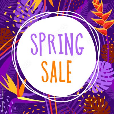 Papier peint  Summer, spring season sale vector banner with tropical flowers on background with tropical flowers. Square card templates for greeting, invitation, cover. Strelitzia, bird of paradise, palm.