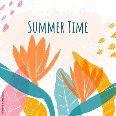 Papier peint  Summer square celebration card with blossom of strelitzia, leaves, scribbles and text. Grunge texture and overlay effect. Template for social media, banner, cover, poster.