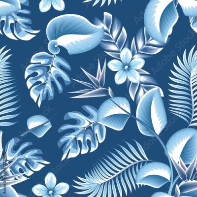 Papier peint  Summer trend seamless background with bright tropical monstera fern leaves and strelitzia flowers, frangipani plant foliage on blue background. Vector design. Jungle print. Floral background. Summer 