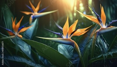 Papier peint  summer tropical background with strelitzia flowers and tropical leaves