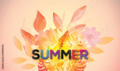 Papier peint  Summer tropical background with Strelitzia flowers and tropical leaves. Boho foliage botanical tropical leaves and floral pattern design for summer sale banner , wall art, prints and fabrics.