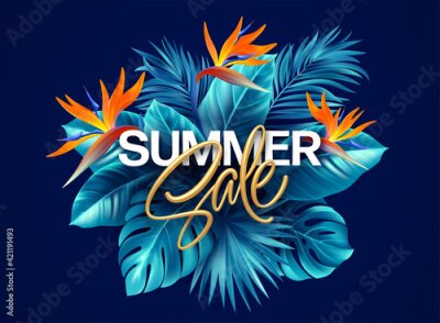 Papier peint  Summer tropical background with Strelitzia flowers and tropical leaves. The golden inscription Summer Sale on a background of tropical green leaves. Summer Sale concept. Vector illustration