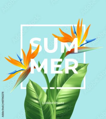 Papier peint  Summer tropical background with Strelitzia flowers and tropical leaves. The inscription Summer on a background of tropical green leaves. Vector illustration