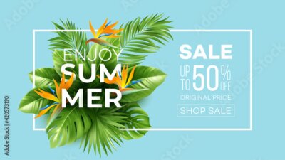 Papier peint  Summer tropical background with Strelitzia flowers and tropical leaves. The inscription Summer Sale on a background of tropical green leaves. Summer Sale concept. Vector illustration