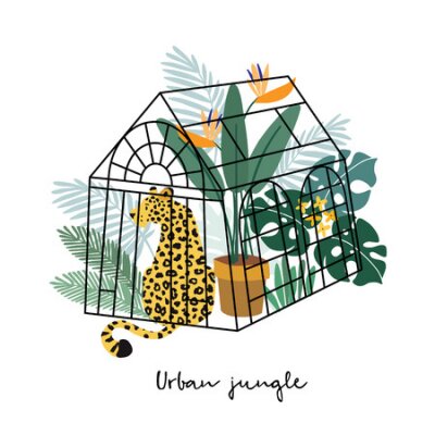 Papier peint  Summer tropical greeting card, invitation. Leopard in green house with palm and monstera leaves and strelitzia flowers. Cute cartoon vector illustrations, flat design. Urban jungle, botany concept.