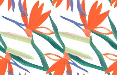Papier peint  summer tropical seamless pattern with orange Strelitzia royal flower on a white background drawn in a naive style in gouache for prints and design