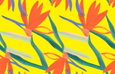 Papier peint  summer tropical seamless pattern with orange Strelitzia royal flower on yellow background drawn in gouache for prints and design