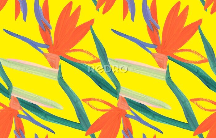 Papier peint  summer tropical seamless pattern with orange Strelitzia royal flower on yellow background drawn in gouache for prints and design