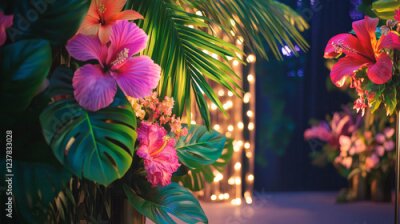 Papier peint  Summer tropical vacation and paradise holiday banner with exotic palm leaf and jungle flower frame. Hawaiian beach party invitation card with hibiscus, monstera and orchid, fern, plumeria, strelitzia