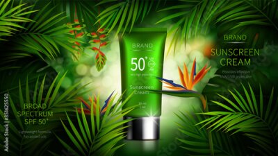 Papier peint  Sun protection cosmetic vector realistic ads poster. Green plastic tube with sunscreen product near tropical date palm, monstera leaves and strelitzia flower. Spf cosmetics, mock up for magazine