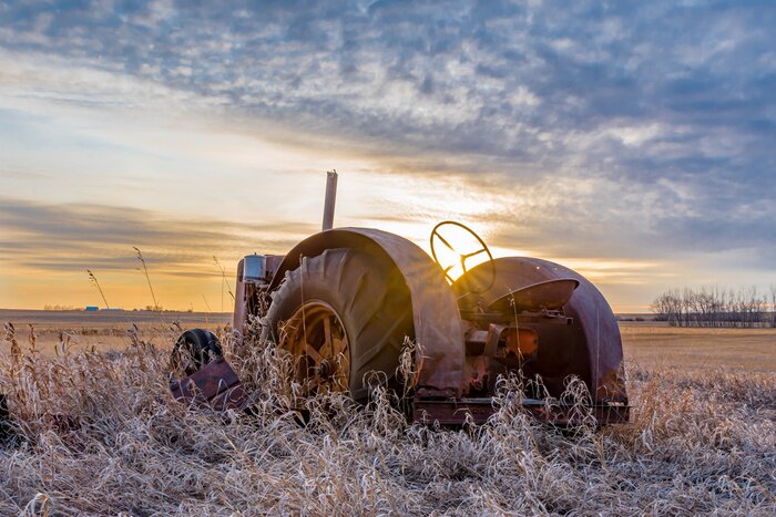 Papier peint  Sunburst at sunset over a vintage tractor abandoned in tall grass on the prairies in Saskatchewan
