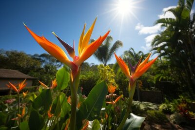 Papier peint  Sunny garden with vibrant orange strelitzia bloom. Generative AI