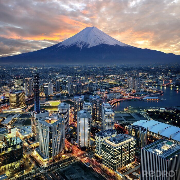 Papier peint  Surreal vue de la ville de Yokohama et le mont. Fuji