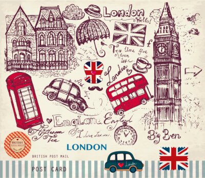 Papier peint  Symboles de Londres sur une carte postale